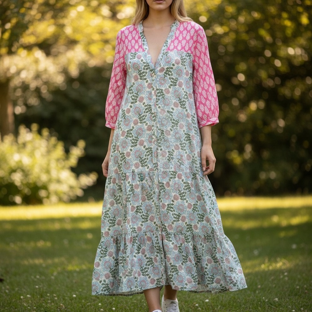 NEW Zara The Paloma Dress Women's L Pink Blue Floral Tiered Maxi Button Front